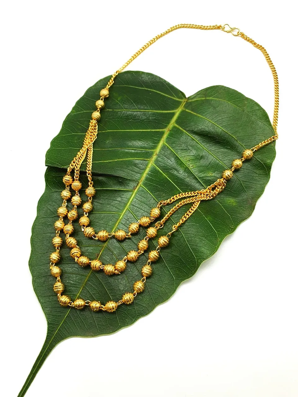 Gold Plated Necklace with Triple Chain 3 Layer Gundla Mala Big Golden Mani Necklace