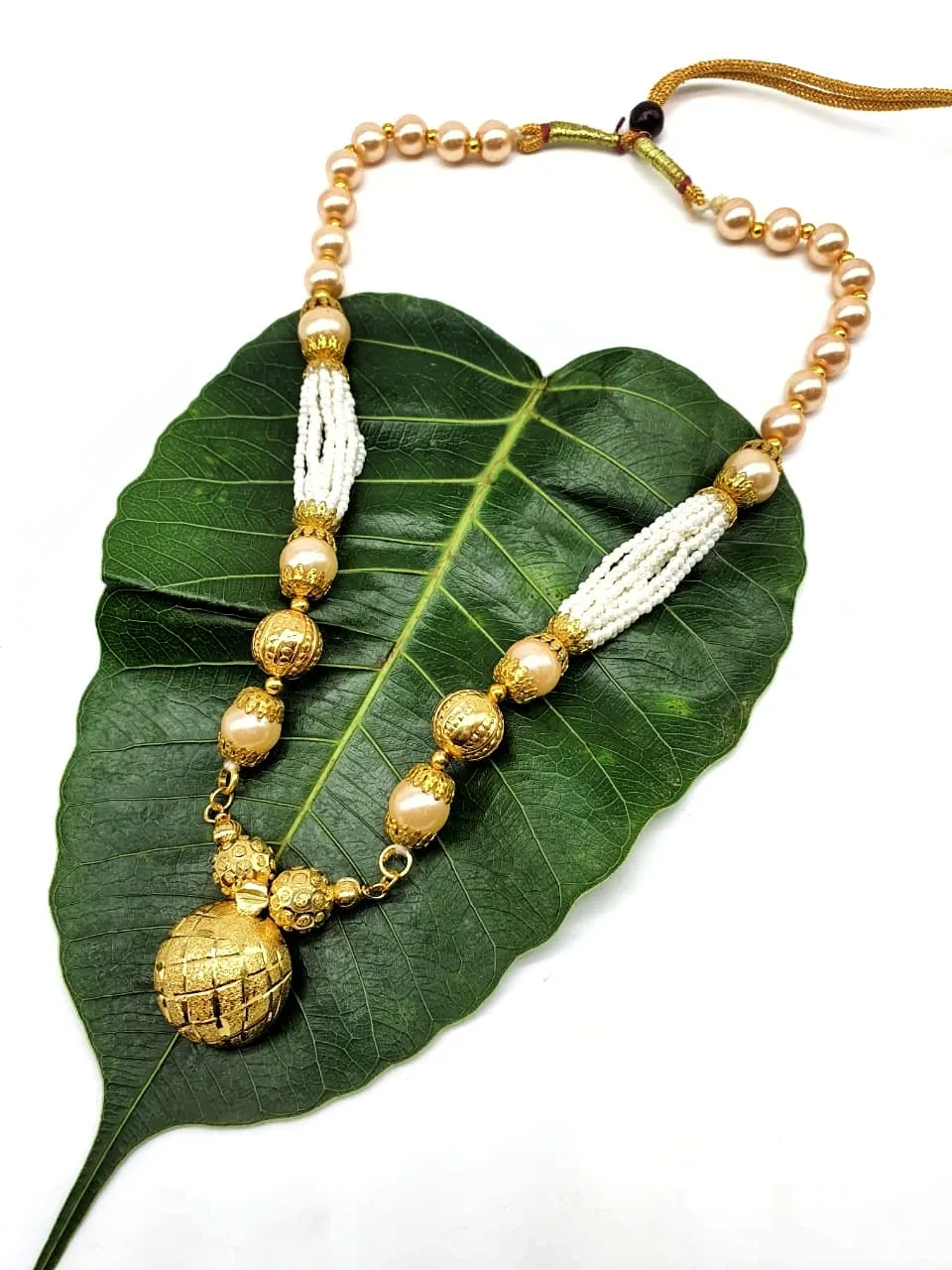 Gold Plated Necklace with Vati Pendant Big Golden Bead Mala Necklace