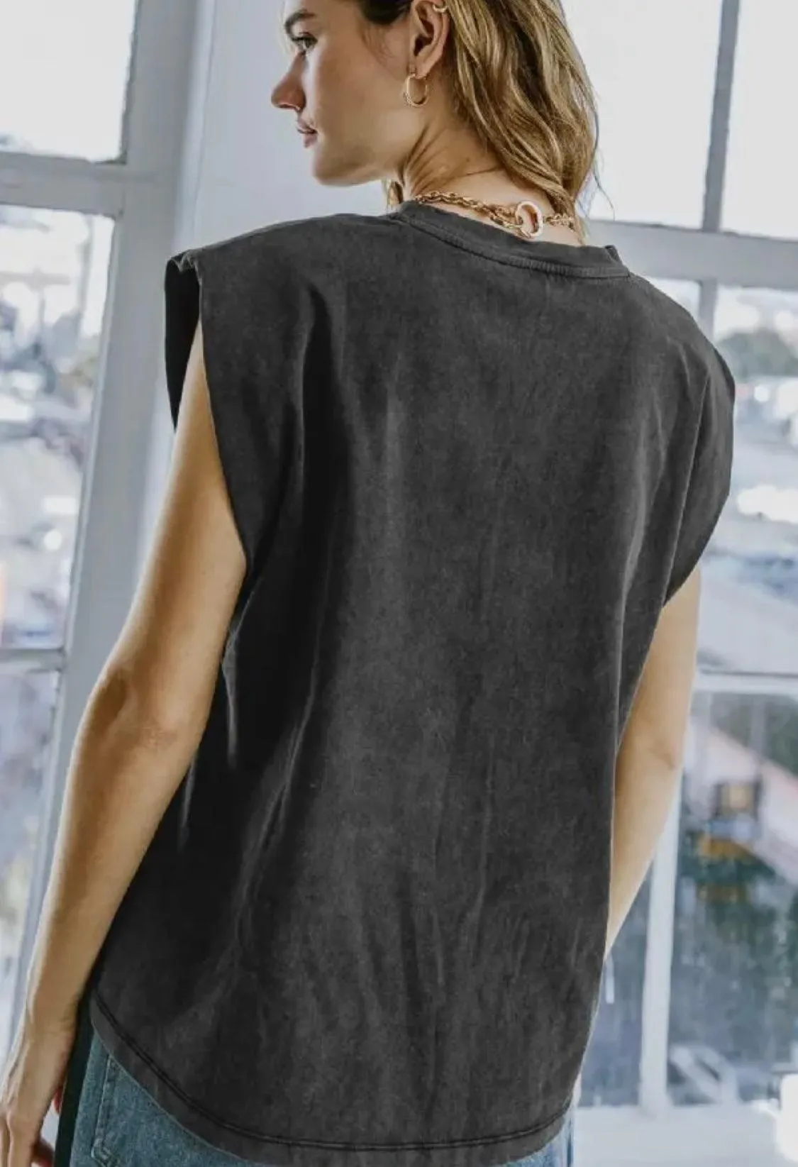 Graphic Shoulder Pad Sleeveless Top