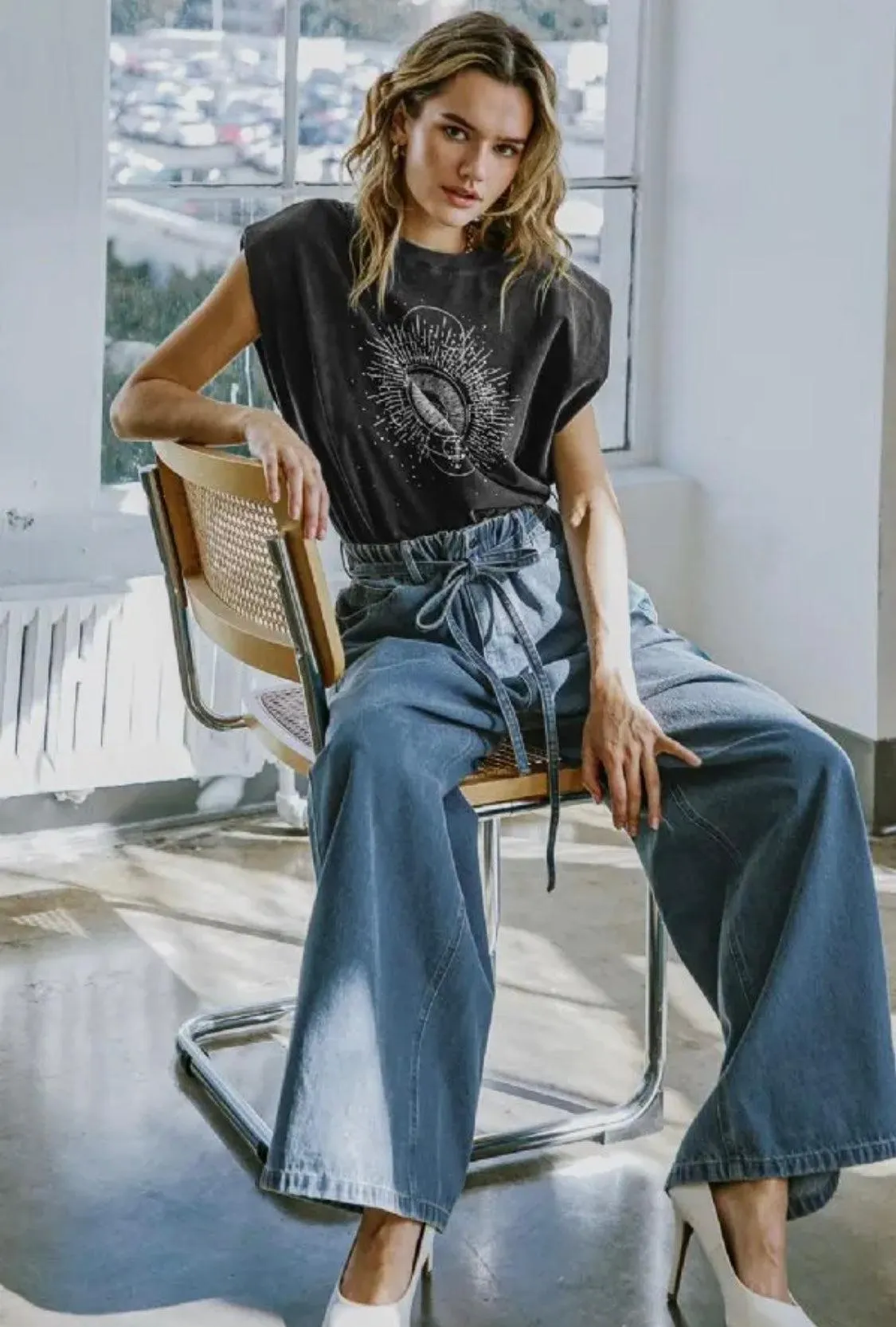 Graphic Shoulder Pad Sleeveless Top