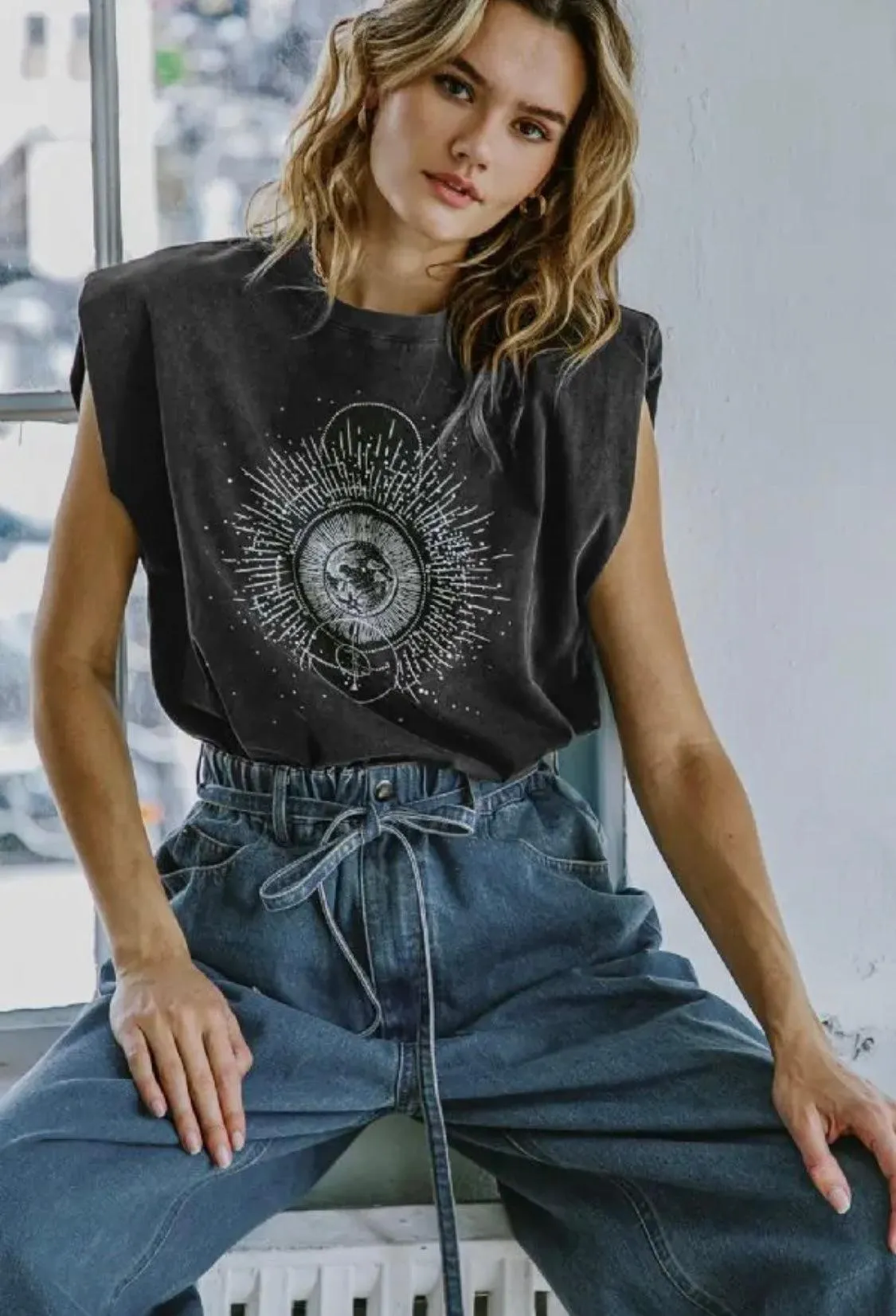Graphic Shoulder Pad Sleeveless Top