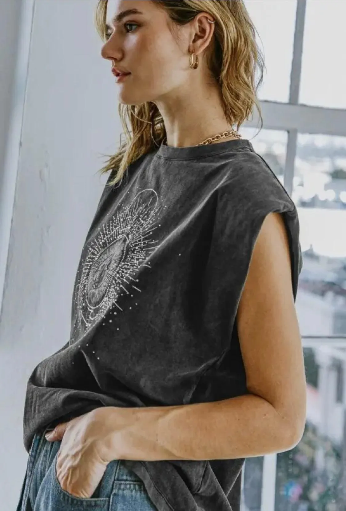 Graphic Shoulder Pad Sleeveless Top