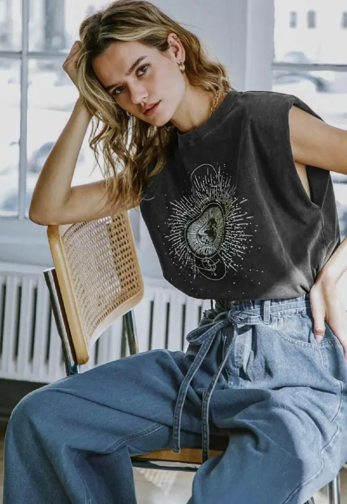 Graphic Shoulder Pad Sleeveless Top