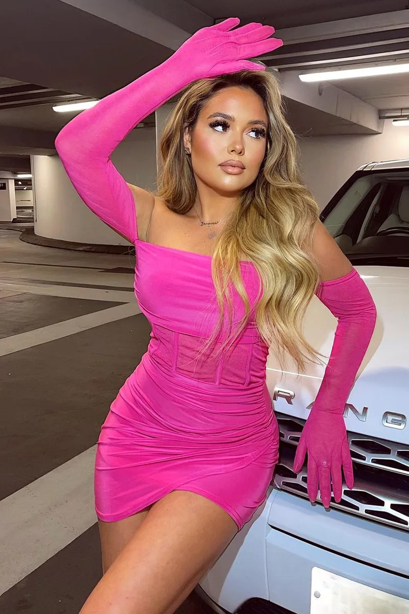 Hot Pink Mesh Gloves Corset Mini Dress - Juliette