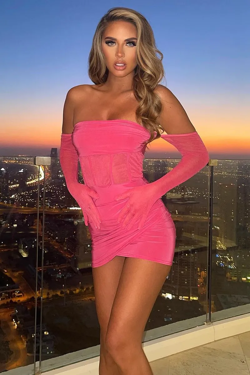 Hot Pink Mesh Gloves Corset Mini Dress - Juliette