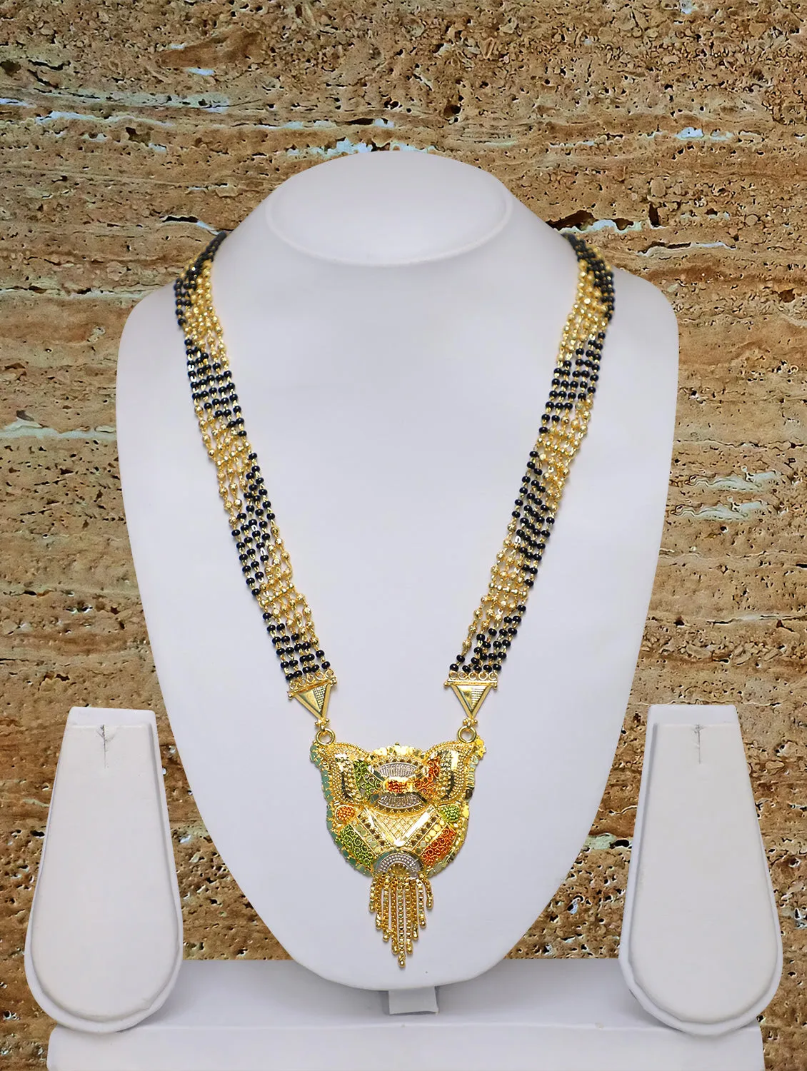 Long Mangalsutra Designs Gold Plated Latest 5 Layer Gold & Black Beads Chain Traditional Pendant 32 Inches Mangalsutra