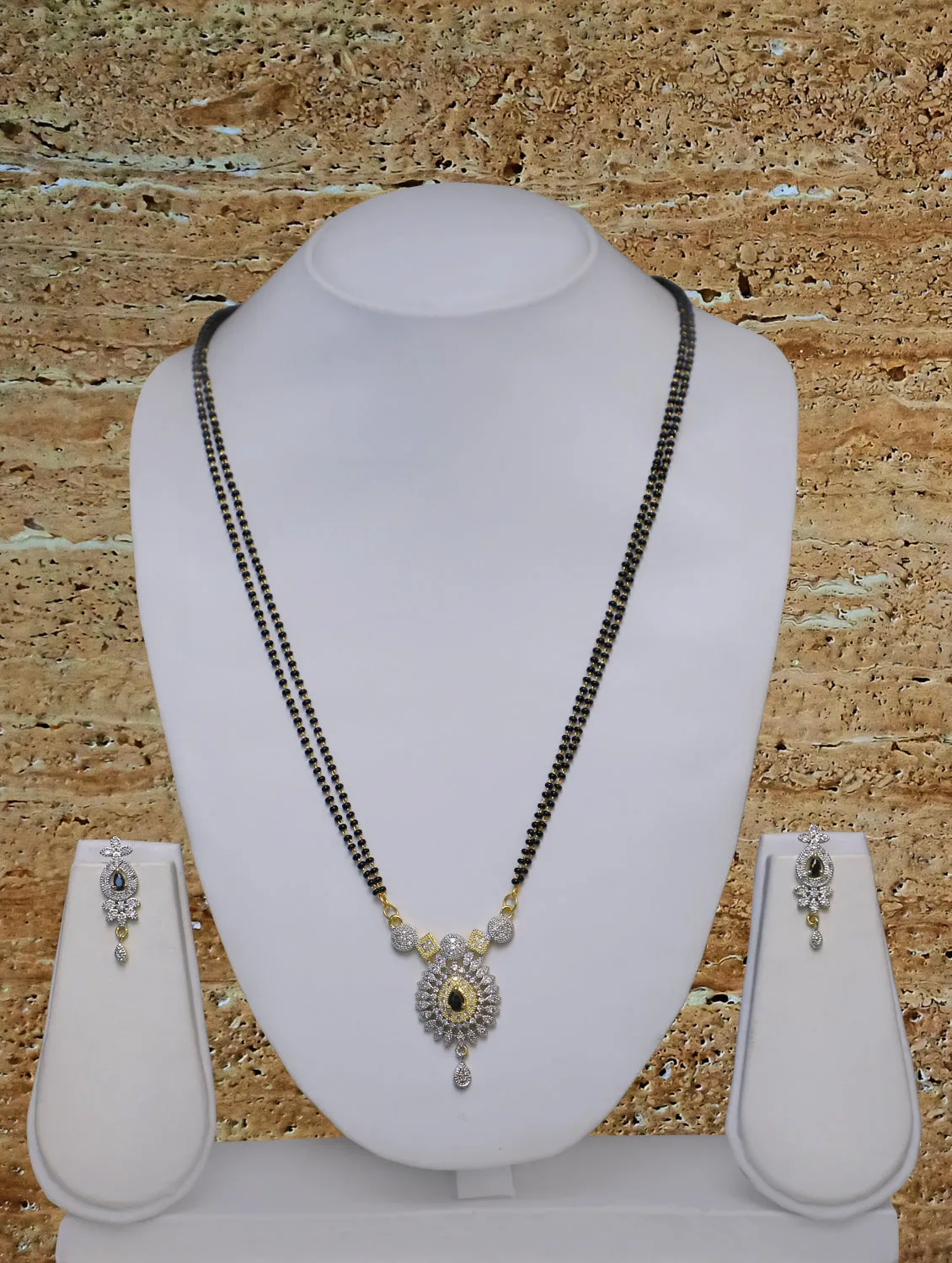 Long Mangalsutra Designs Gold Plated Latest American Diamond Floral Pendant 24 Inches Mangalsutra & Earrings