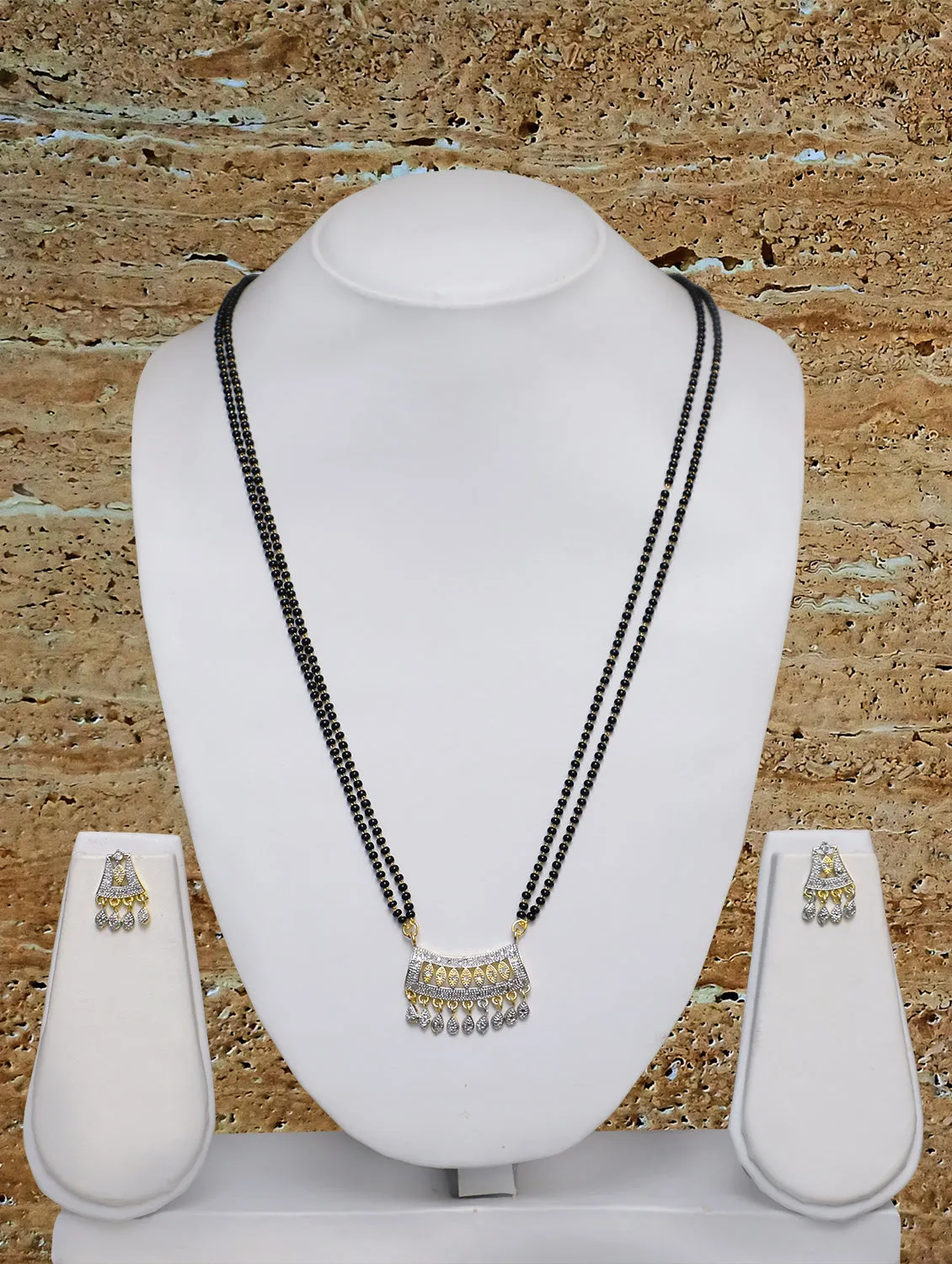 Long Mangalsutra Designs Gold Plated Latest American Diamond Pendant 27 Inches Mangalsutra Set