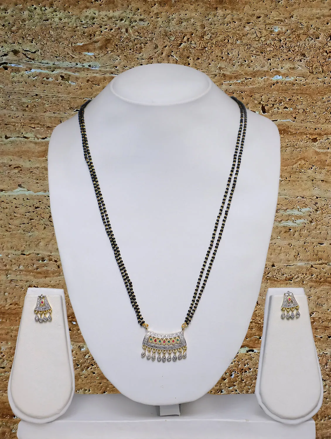 Long Mangalsutra Designs Gold Plated Latest American Diamond Pendant 27 Inches Mangalsutra