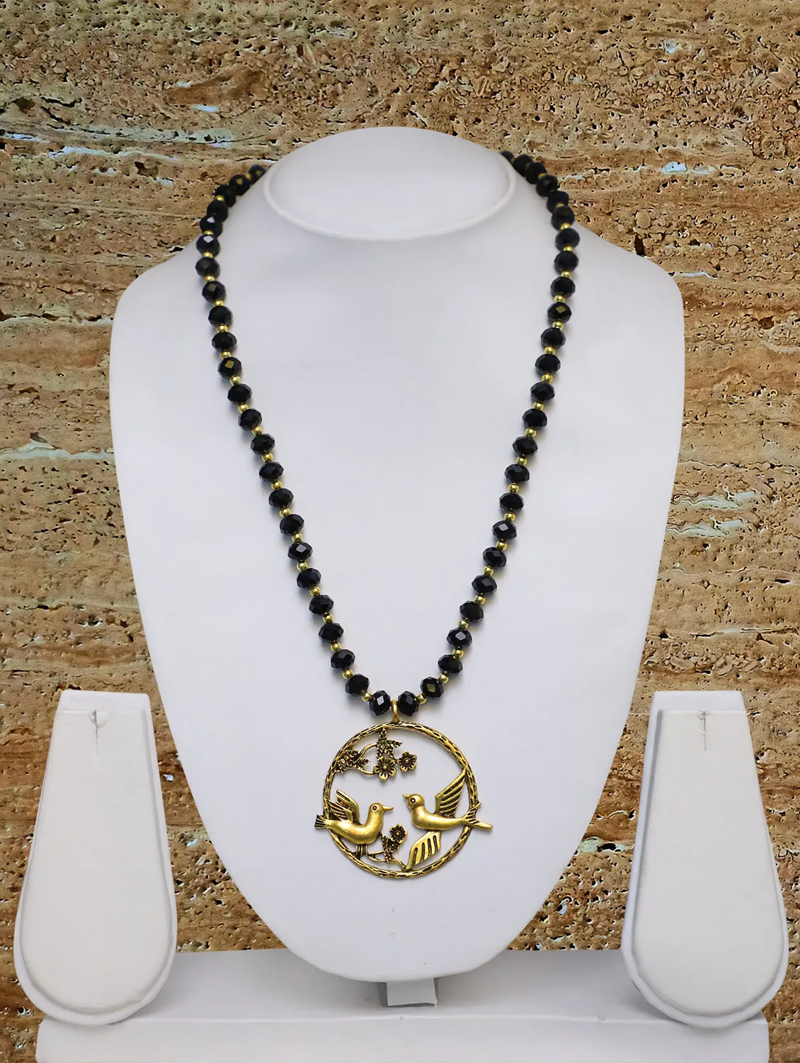 Long Mangalsutra Designs Gold Plated Latest Big Black Crystal Beads Animal Bird house Pendant 26 Inches Mangalsutra