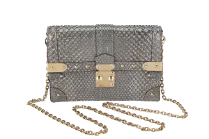 LOUIS VUITTON TRUNK CHAIN WALLET (N99721) PYTHON METALLIC LEATHER GOLD HARDWARE WITH CHAIN, STRAP AND DUST COVER