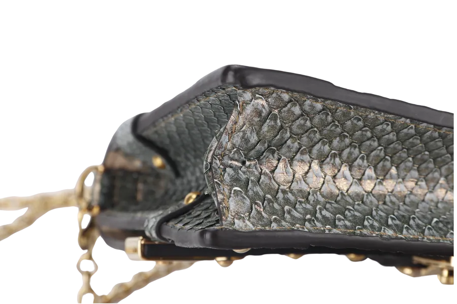 LOUIS VUITTON TRUNK CHAIN WALLET (N99721) PYTHON METALLIC LEATHER GOLD HARDWARE WITH CHAIN, STRAP AND DUST COVER