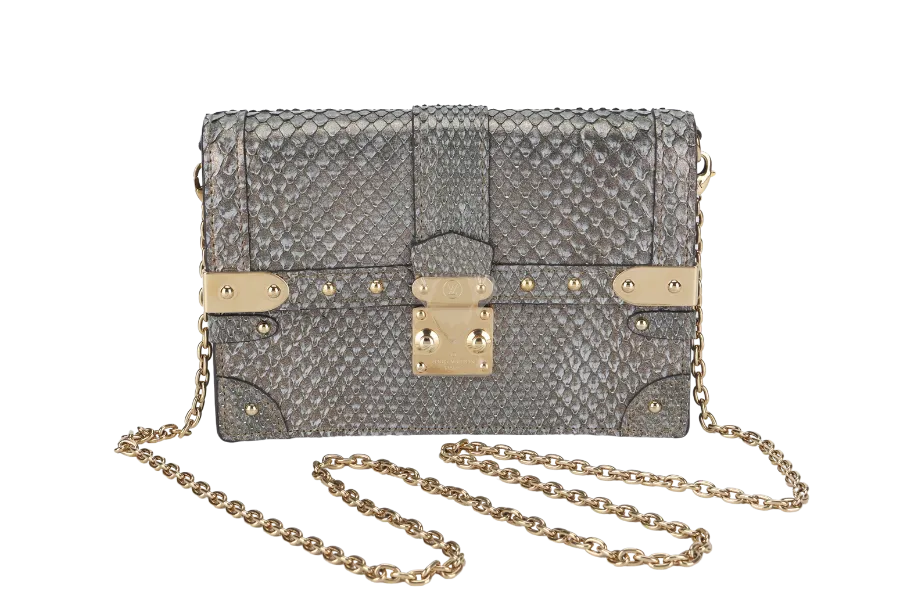 LOUIS VUITTON TRUNK CHAIN WALLET (N99721) PYTHON METALLIC LEATHER GOLD HARDWARE WITH CHAIN, STRAP AND DUST COVER