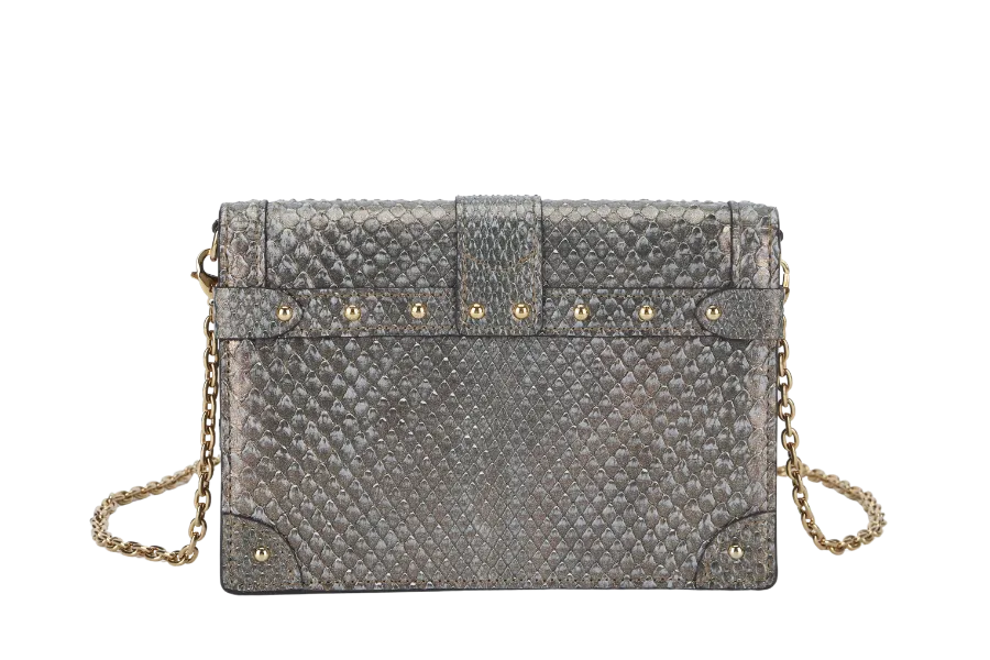LOUIS VUITTON TRUNK CHAIN WALLET (N99721) PYTHON METALLIC LEATHER GOLD HARDWARE WITH CHAIN, STRAP AND DUST COVER