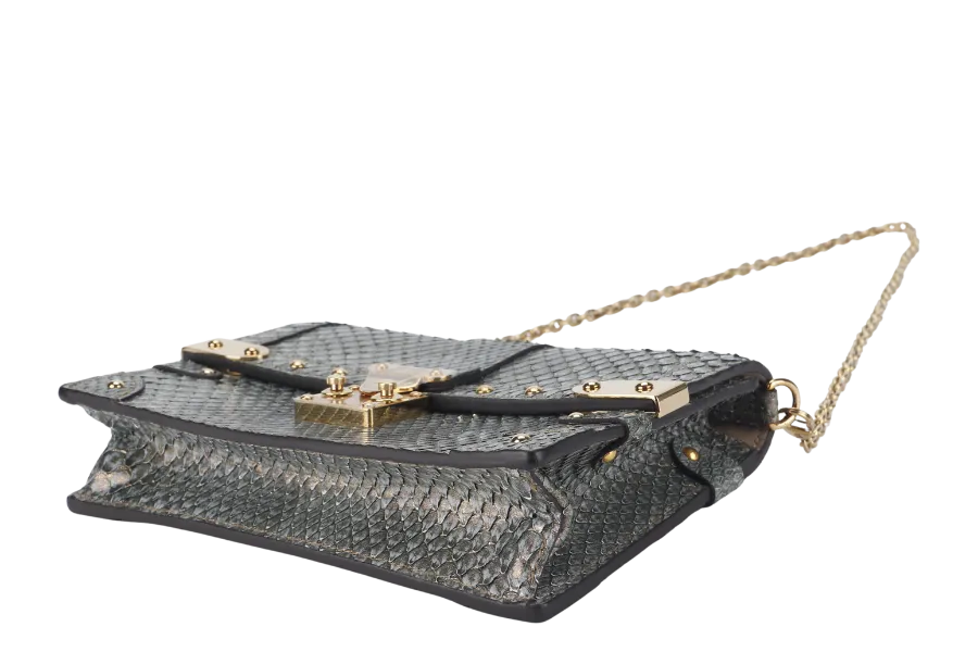 LOUIS VUITTON TRUNK CHAIN WALLET (N99721) PYTHON METALLIC LEATHER GOLD HARDWARE WITH CHAIN, STRAP AND DUST COVER