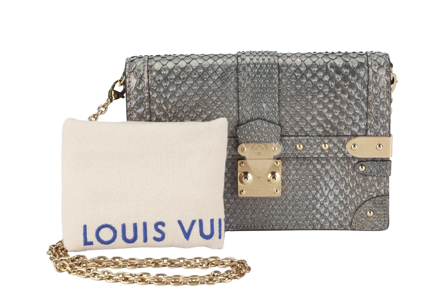 LOUIS VUITTON TRUNK CHAIN WALLET (N99721) PYTHON METALLIC LEATHER GOLD HARDWARE WITH CHAIN, STRAP AND DUST COVER