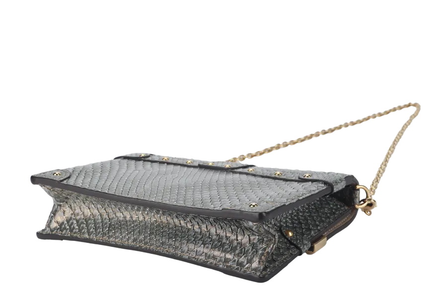 LOUIS VUITTON TRUNK CHAIN WALLET (N99721) PYTHON METALLIC LEATHER GOLD HARDWARE WITH CHAIN, STRAP AND DUST COVER