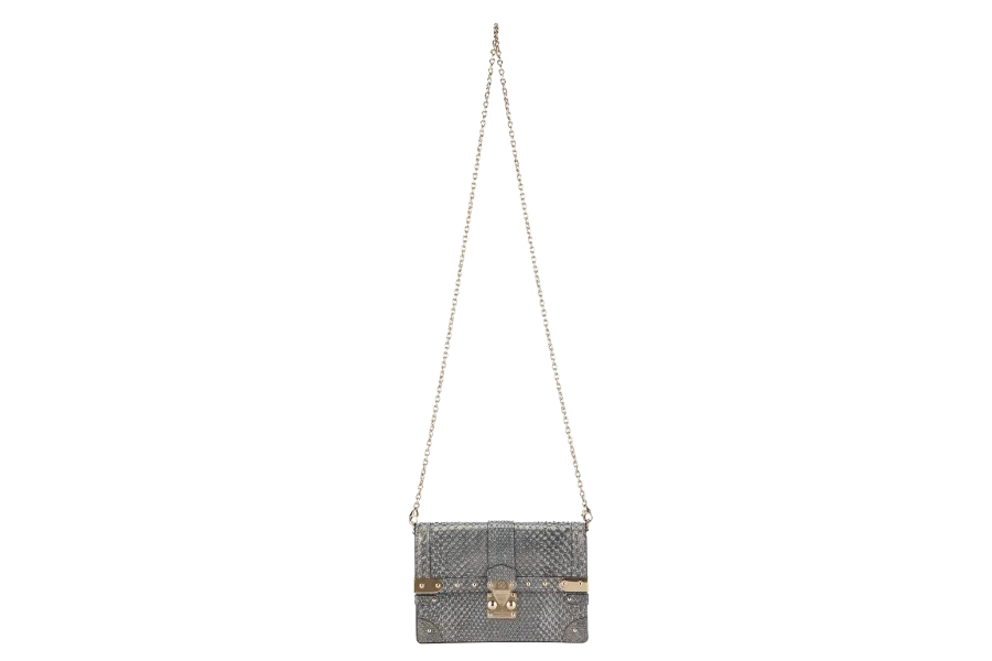 LOUIS VUITTON TRUNK CHAIN WALLET (N99721) PYTHON METALLIC LEATHER GOLD HARDWARE WITH CHAIN, STRAP AND DUST COVER
