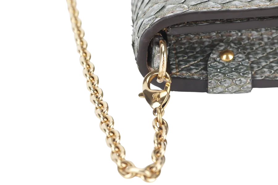 LOUIS VUITTON TRUNK CHAIN WALLET (N99721) PYTHON METALLIC LEATHER GOLD HARDWARE WITH CHAIN, STRAP AND DUST COVER