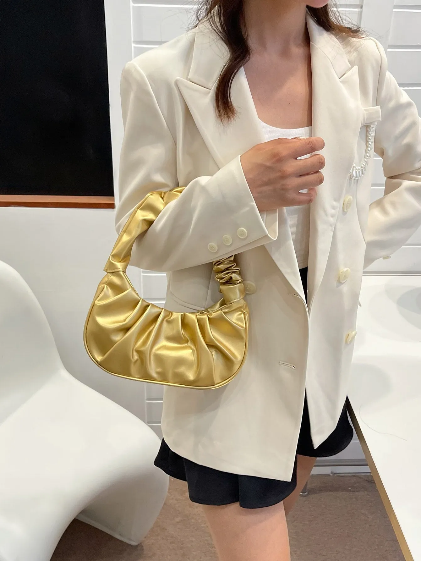 Metallic Minimalist Ruched Bag - Gold- FD ⚡