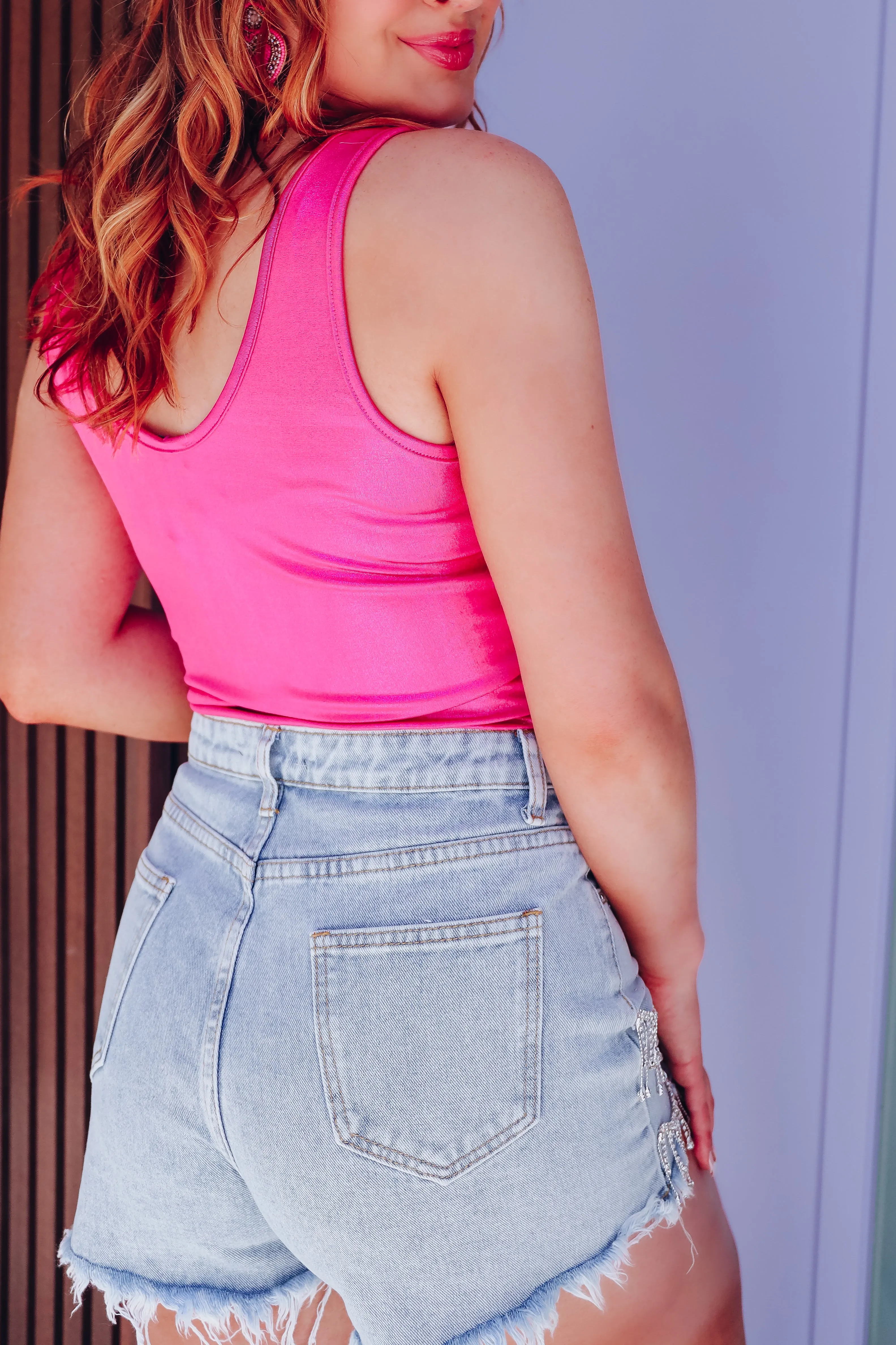 Metallic Sheen Sleeveless Bodysuit - Hot Pink
