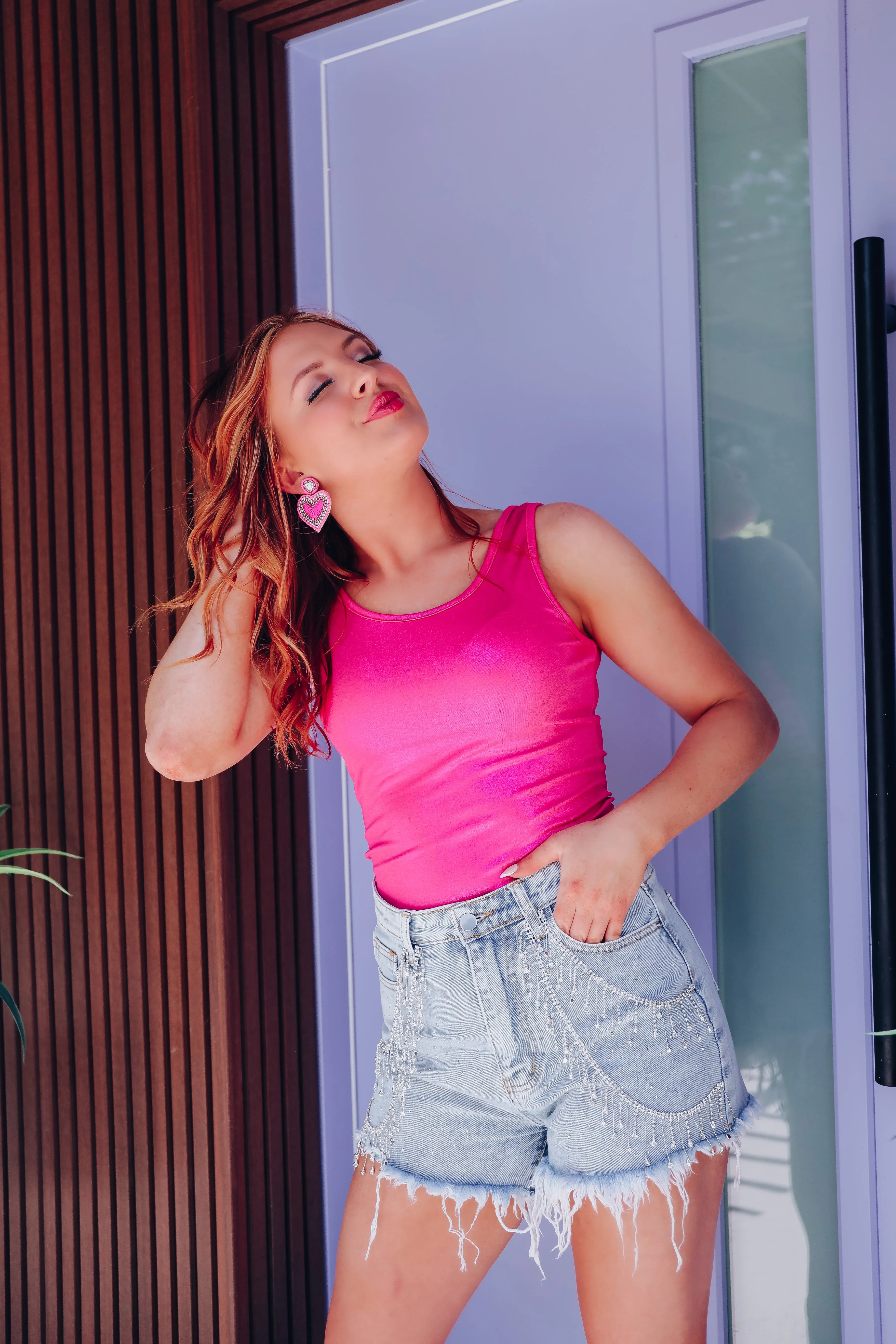 Metallic Sheen Sleeveless Bodysuit - Hot Pink