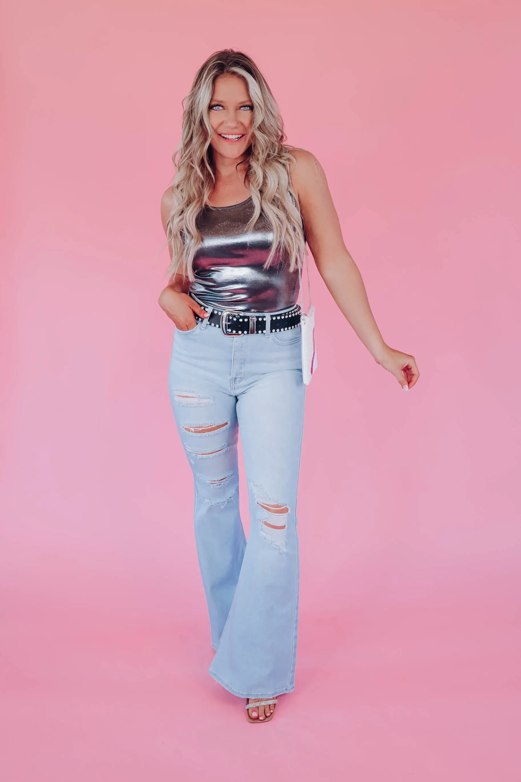 Metallic Sheen Sleeveless Bodysuit - Pewter