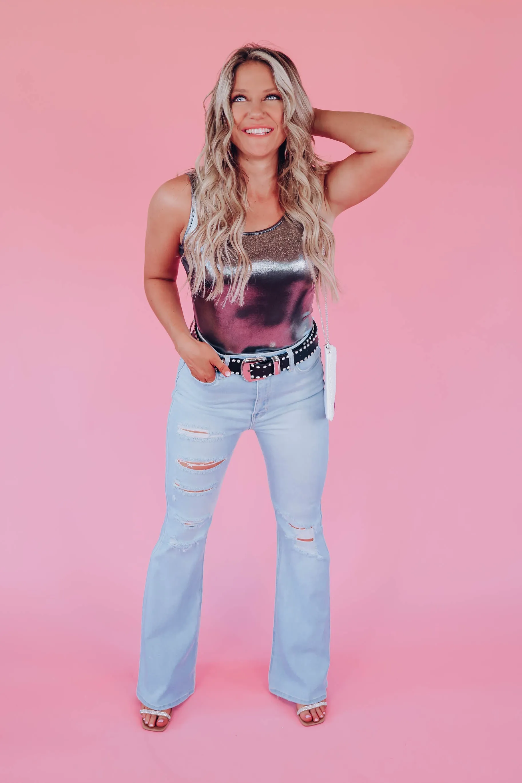 Metallic Sheen Sleeveless Bodysuit - Pewter