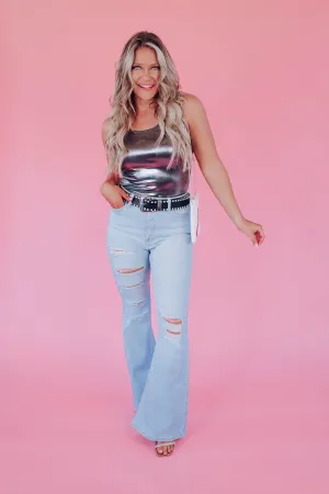 Metallic Sheen Sleeveless Bodysuit - Pewter