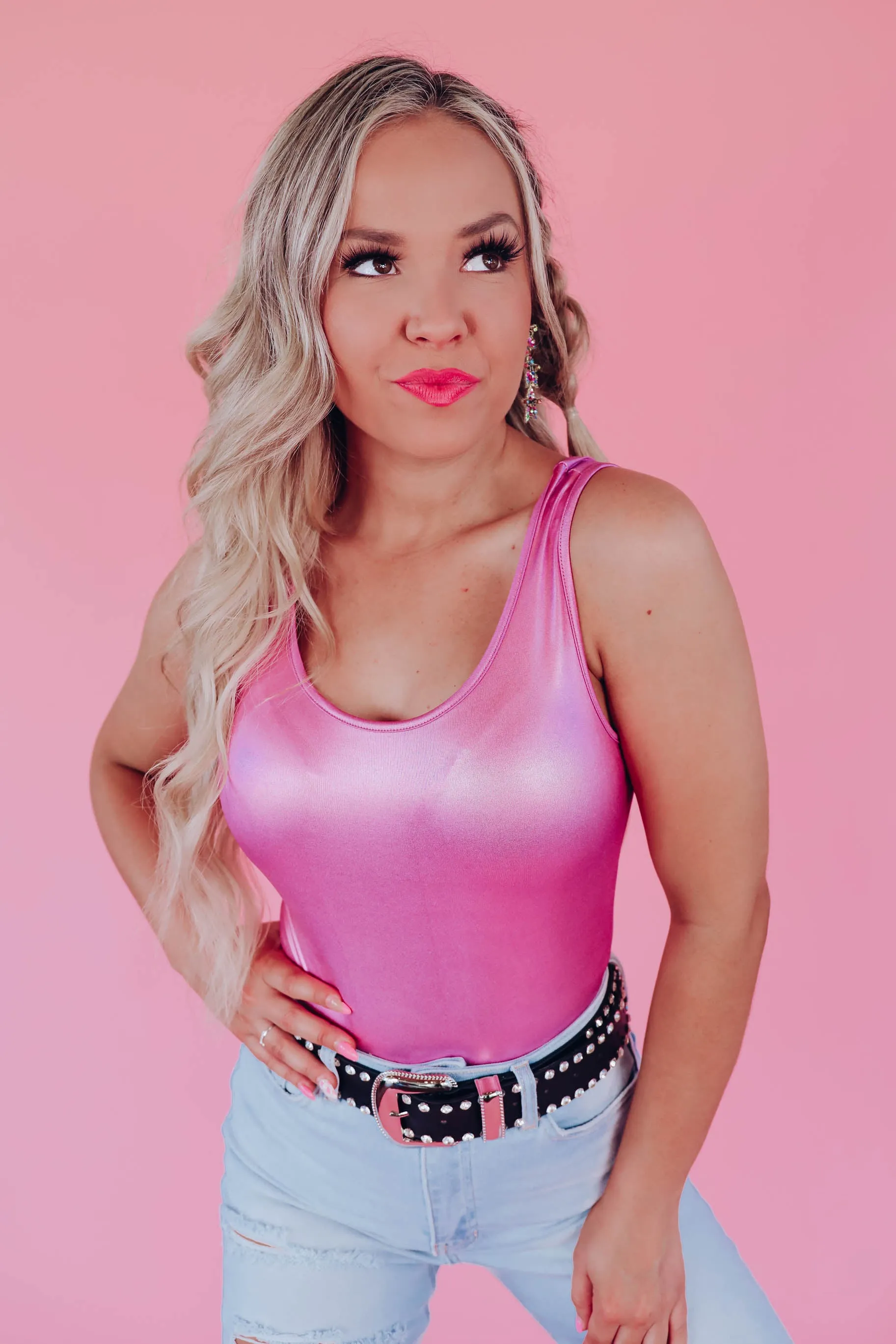 Metallic Sheen Sleeveless Bodysuit - Pink