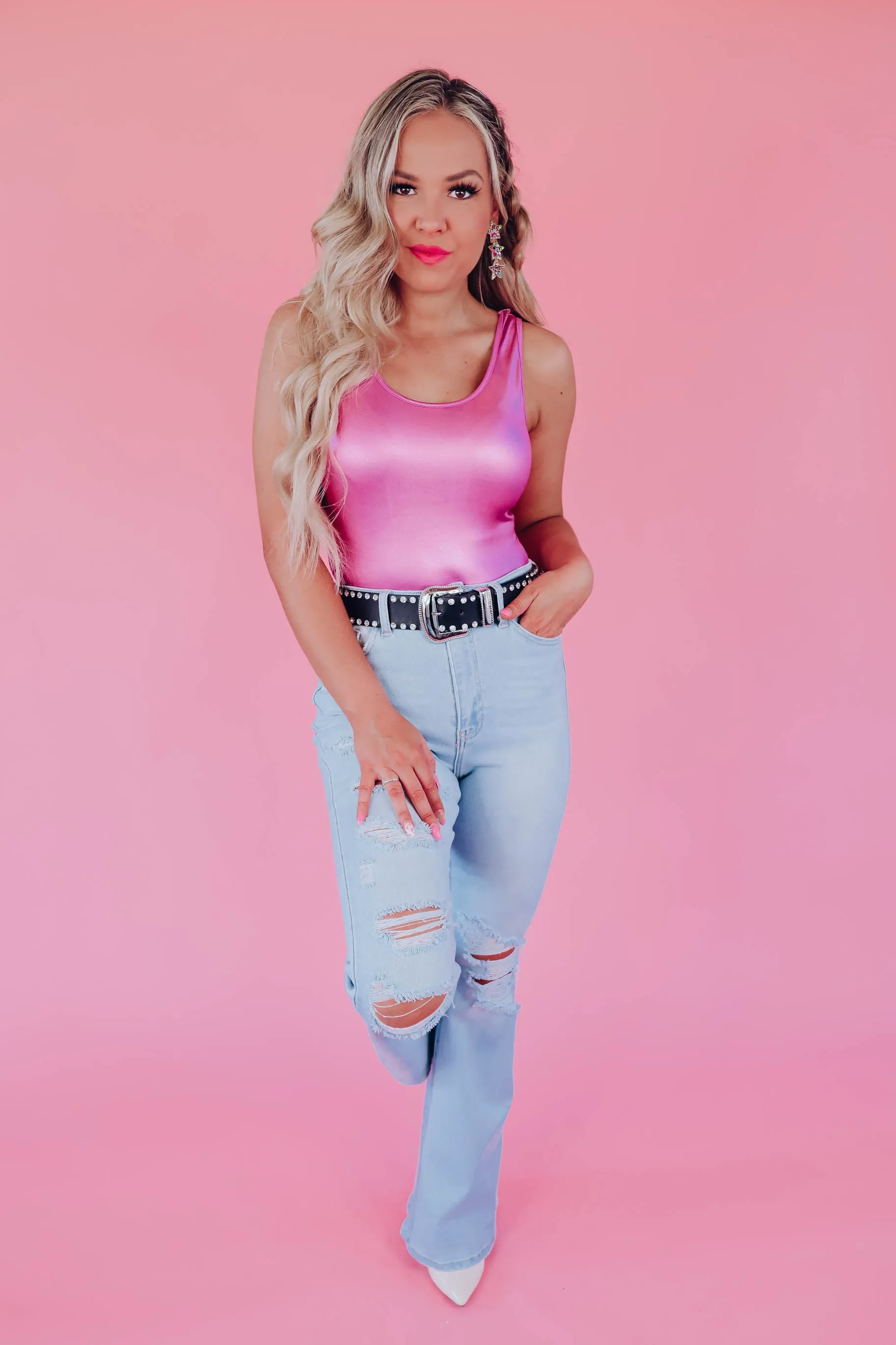 Metallic Sheen Sleeveless Bodysuit - Pink