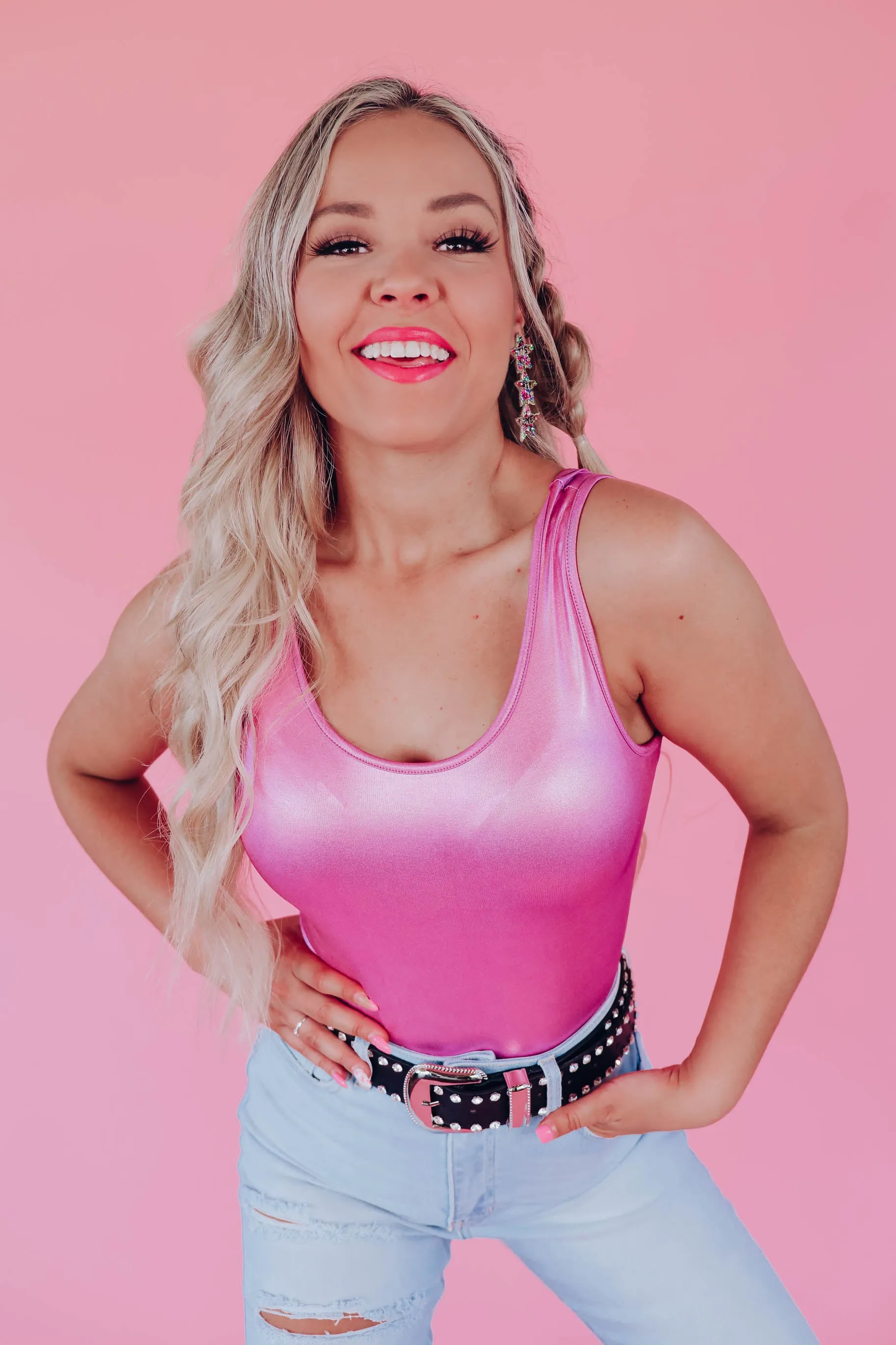 Metallic Sheen Sleeveless Bodysuit - Pink