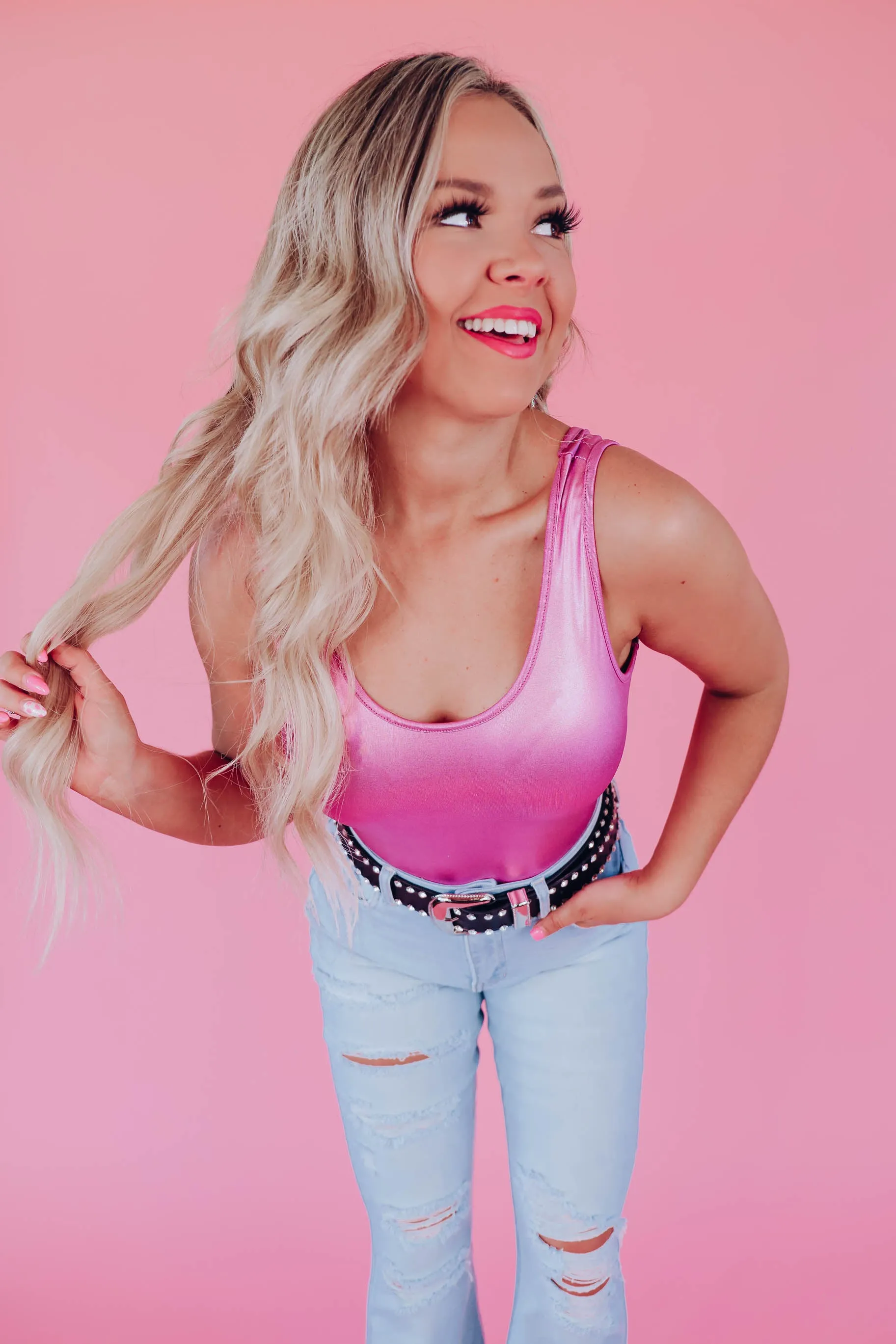 Metallic Sheen Sleeveless Bodysuit - Pink