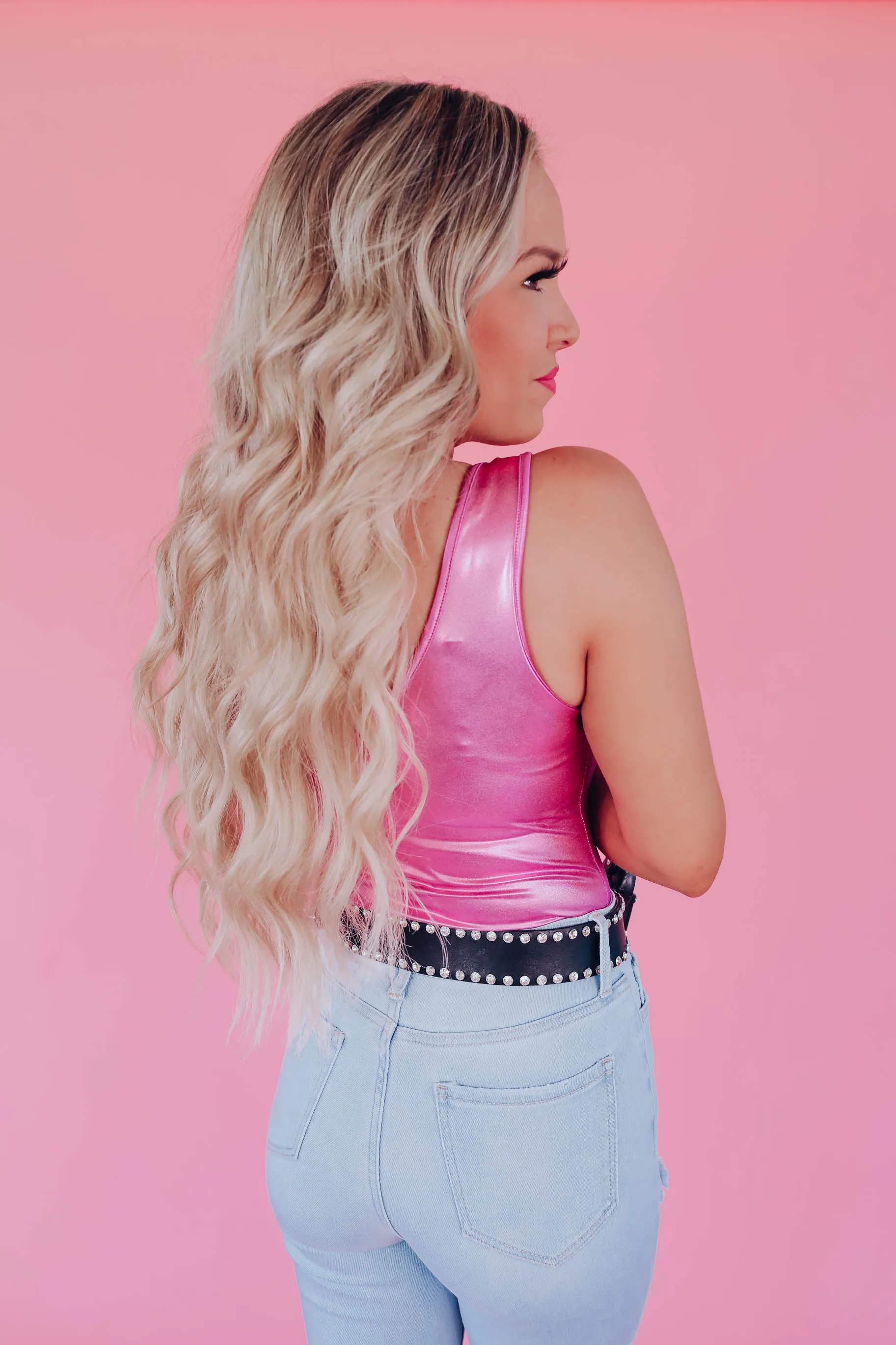 Metallic Sheen Sleeveless Bodysuit - Pink