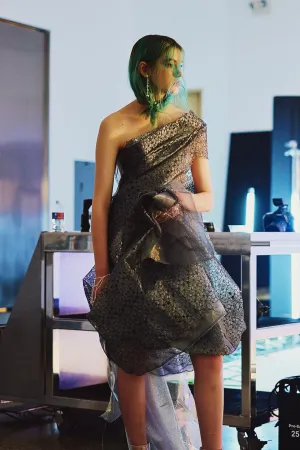 Metallic Silk One Shoulder Gown