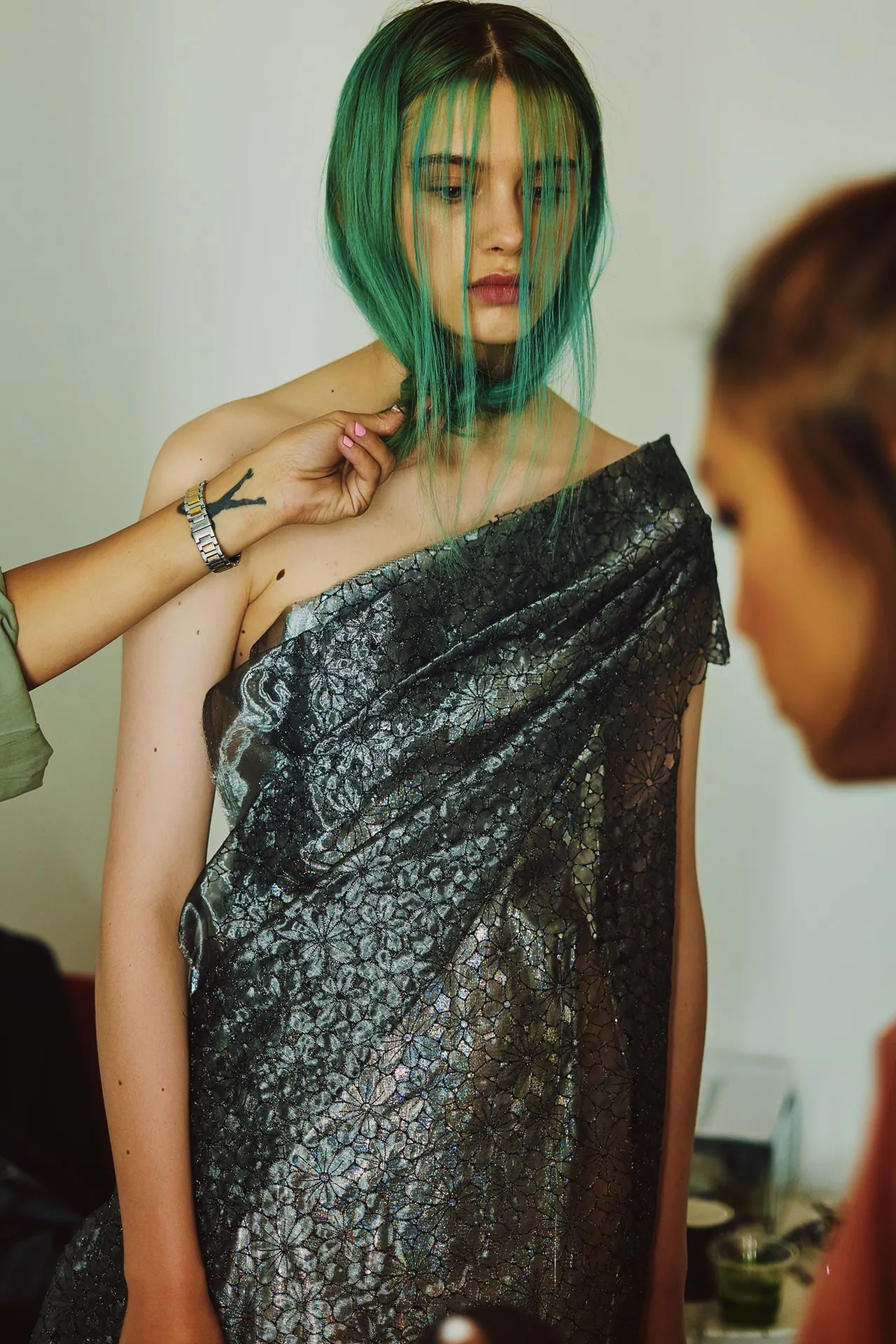 Metallic Silk One Shoulder Gown