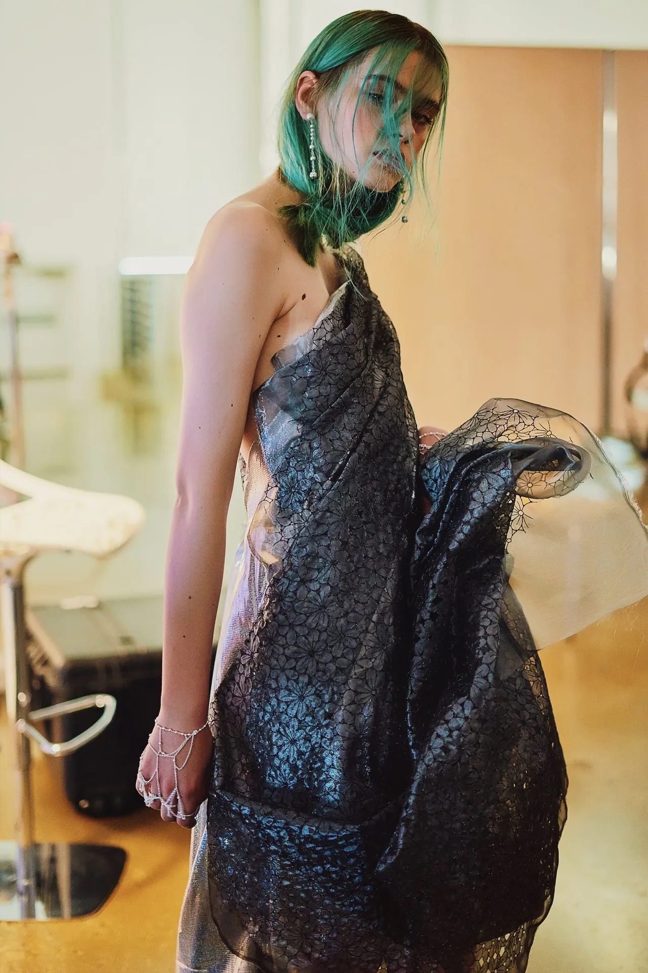Metallic Silk One Shoulder Gown