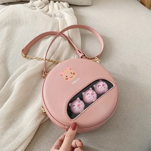 Mini PU Round shoulder bag - chick pig