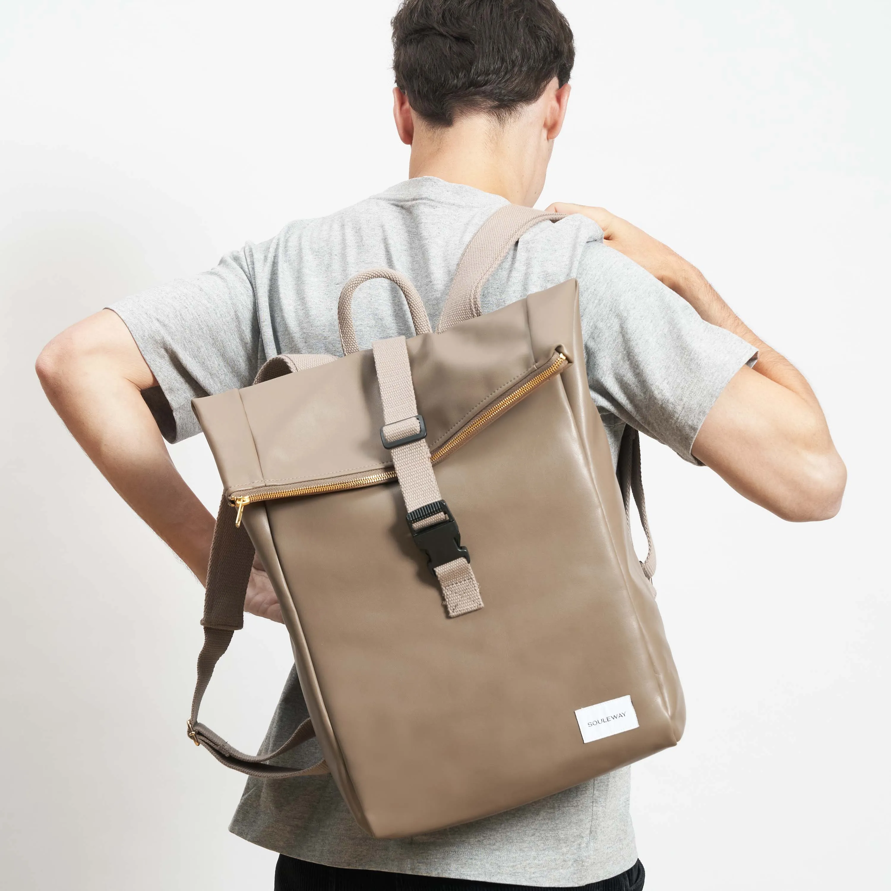 Oleatex Vegan Olive Leather Foldtop Backpack | Mocha Brown