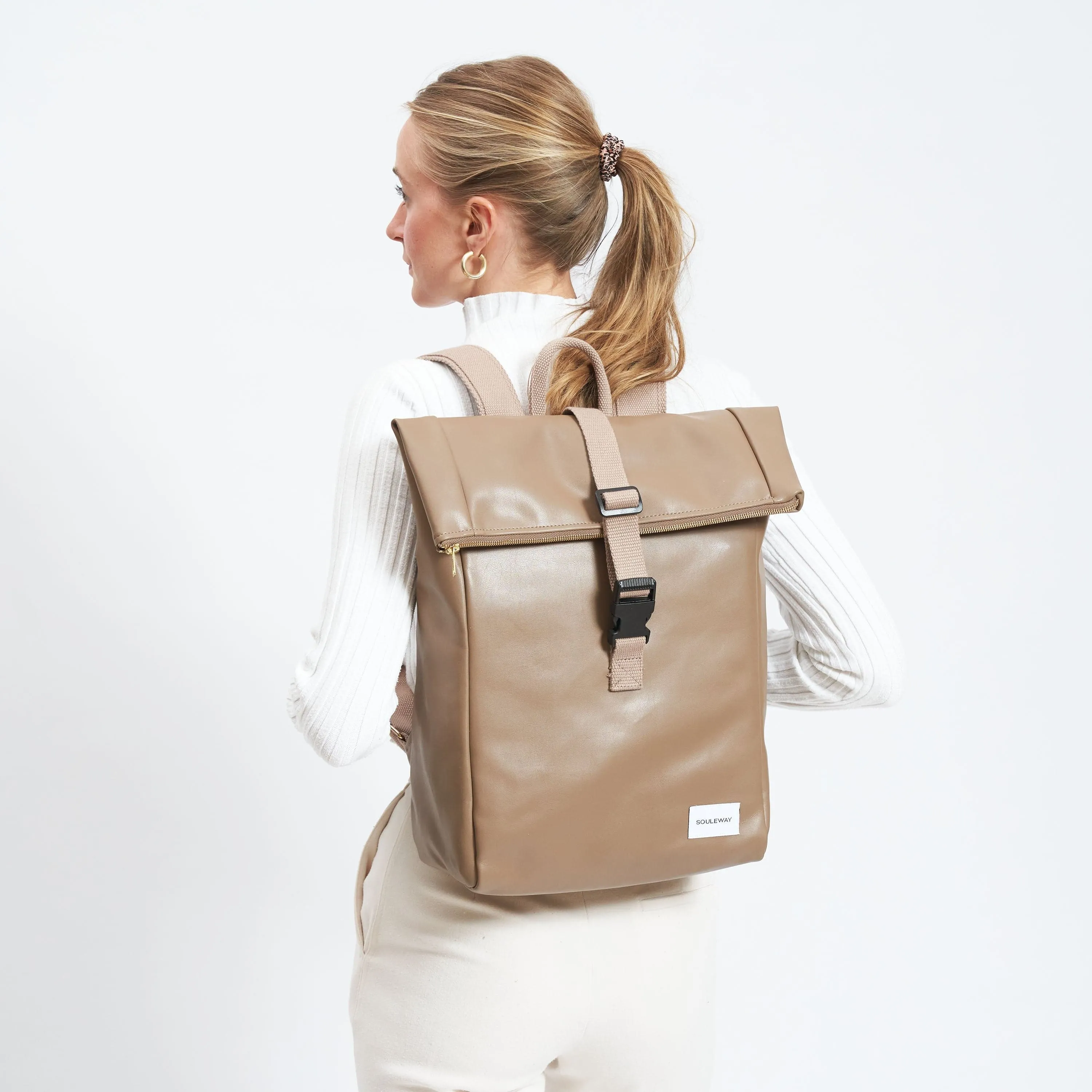 Oleatex Vegan Olive Leather Foldtop Backpack | Mocha Brown