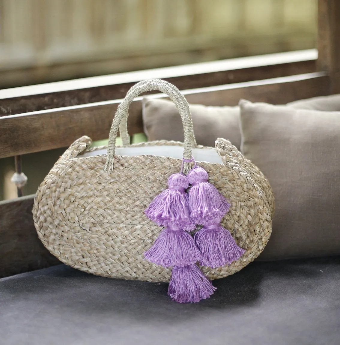 Oval Luna Straw Tote Bag - with Lavender Purple Tassels