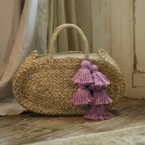 Oval Luna Straw Tote Bag - with Lavender Purple Tassels
