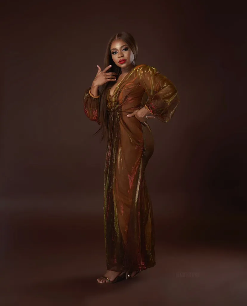 Oyemwen Holiday Collection Pleated Maxi Dress Gold / Red