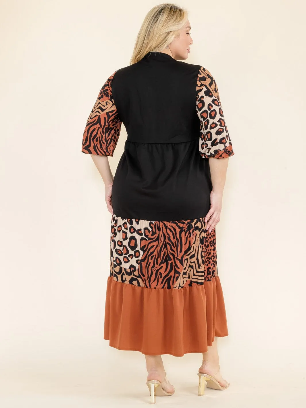 PLUS SIZE 3/4 SLEEVE FRONT POCKETS ANIMAL PRINT COLORBLOCK MAXI DRESS