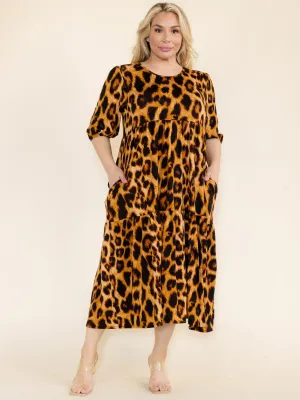 PLUS SIZE 3/4 SLEEVE  FRONT POCKETS ANIMAL PRINT TUNIC MAXI DRESS