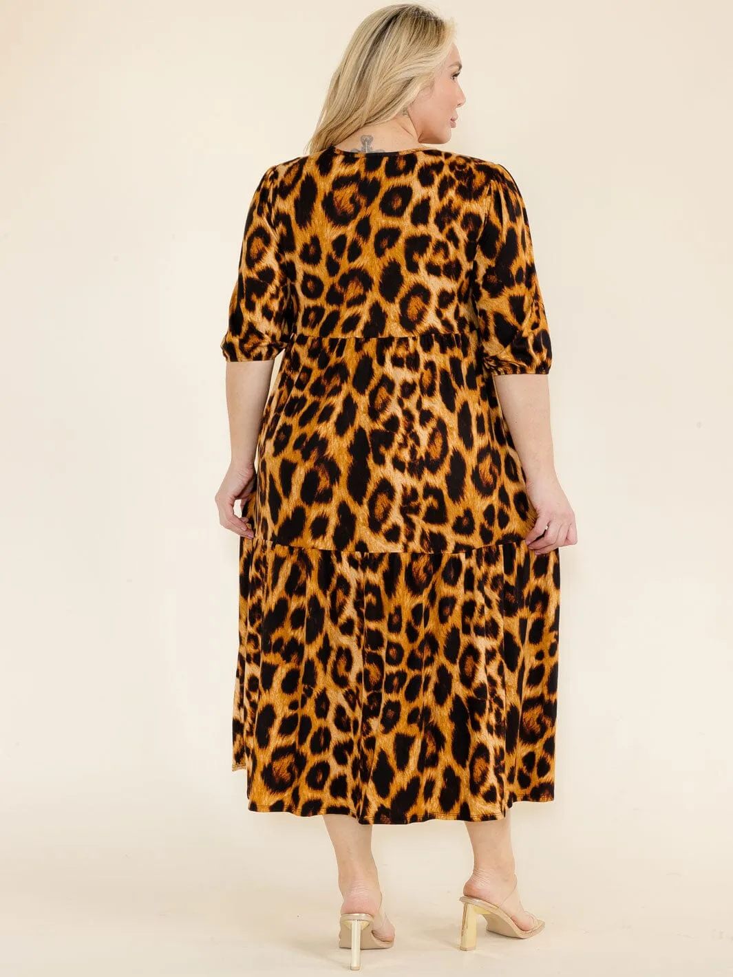 PLUS SIZE 3/4 SLEEVE  FRONT POCKETS ANIMAL PRINT TUNIC MAXI DRESS