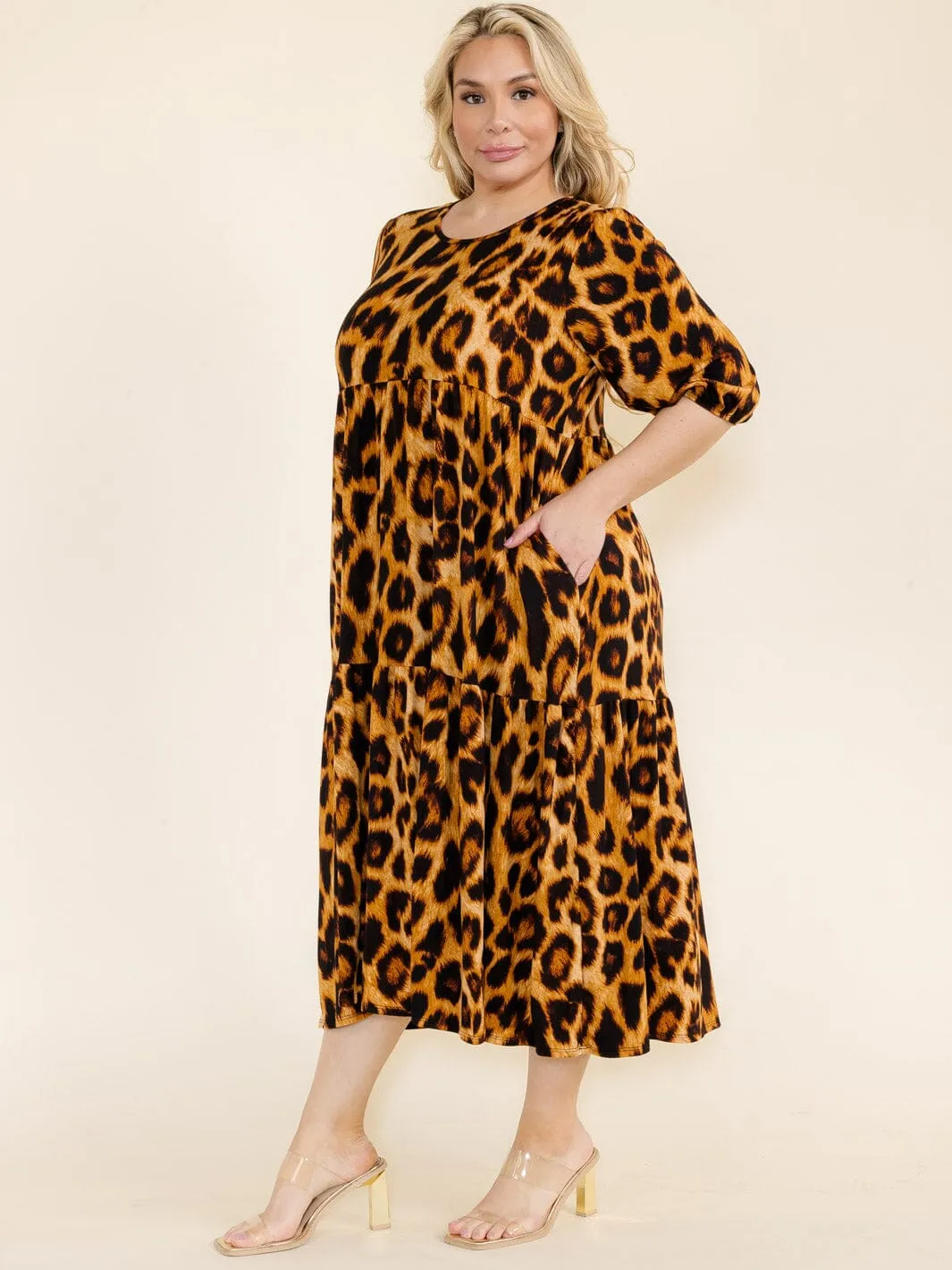 PLUS SIZE 3/4 SLEEVE  FRONT POCKETS ANIMAL PRINT TUNIC MAXI DRESS