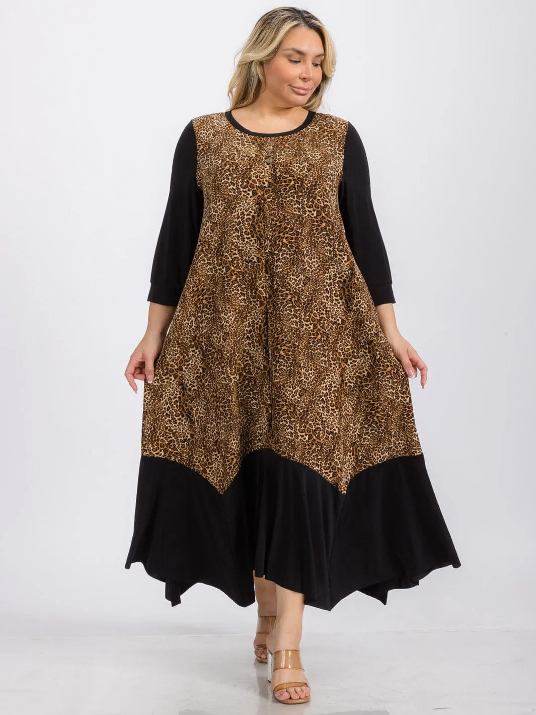PLUS SIZE 3/4 SLEEVE TUNIC FRONT POCKETS LEOPARD PRINT MAXI DRESS
