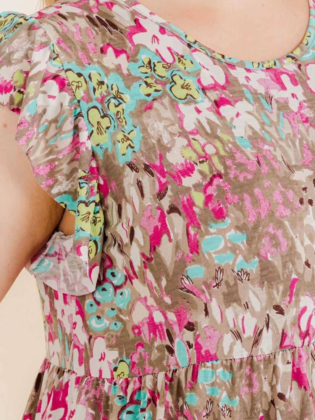 PLUS SIZE RUFFLE SLEEVE FLORAL PRINT TUNIC HIGH-LOW FRONT POCKETS MINI DRESS