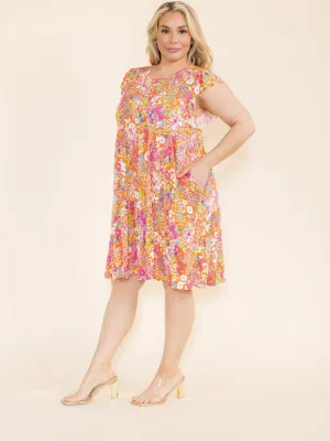 PLUS SIZE RUFFLE SLEEVE FLORAL PRINT TUNIC HIGH-LOW FRONT POCKETS MINI DRESS